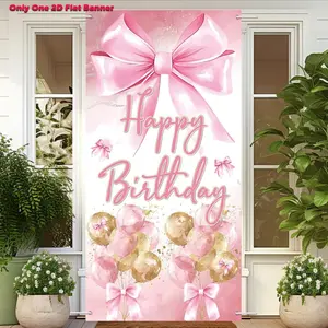 1pc 2D falt banner, Pink Bow Happy Birthday Door Banner, Standard Banner,Pink Bow, Polyester, Rope Mount, Indoor, Birthday, Occasion, Room Decor Banner