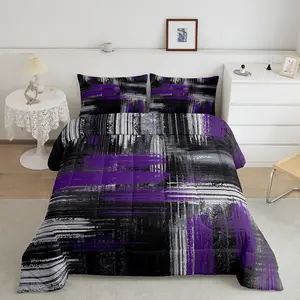 Abstract Purple and Black Graffiti Art Designer Comforter Set - Geometric Artistic Smear Luxury Full Bed Duvet, Brush Design, Bedroom Bedding, Decorative Bedding, Bedroom Bedding Set