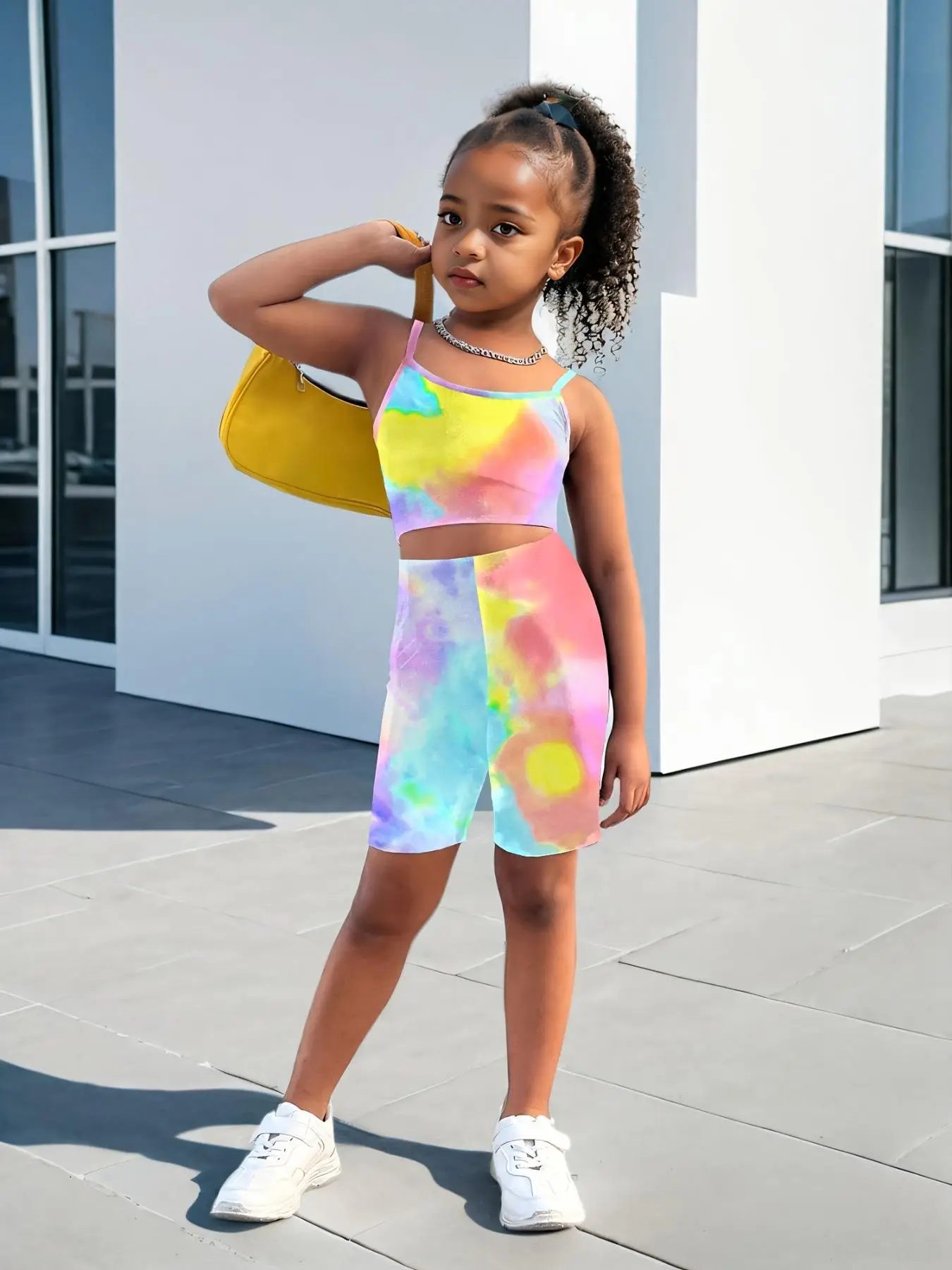 Two-piece Set Girl's Tie Dye Print Crop Cami Top & Shorts, Casual Sleeveless Top & Shorts for Daily Wear, Kids Clothing for Summer
