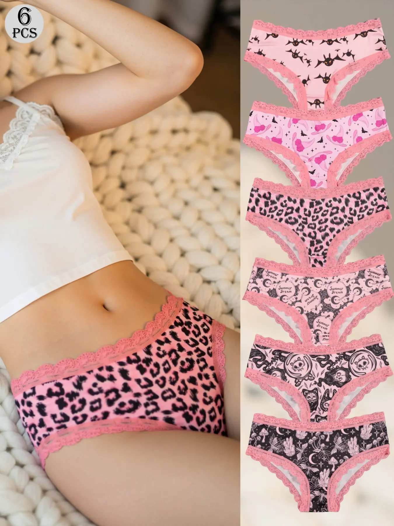 Morvia 6pcs Sexy Women's Panties Underwear. Pink Leopard & Bat Graphic Prints, Scalloped Lace Edge, Soft Skin-Friendly Fabric, Low Rise Briefs, Soft Fit Panty. Ideal for Everyday Wear & Gift. Printed Underwear