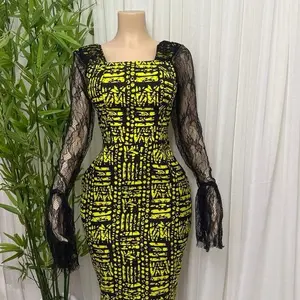 Ankaradress - Black and Yellow Patterned Dress with Long Lace Sleeves and Square Neckline for Women