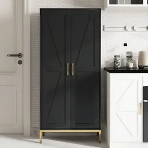 60-inch Tall Kitchen Pantry with 2 Rattan Doors & 3 Adjustable Shelves Freestanding Cabinet for Kitchens Laundry Living Dining Rooms X-shaped Panel Design Metal Handles tiktokshopspringglowup