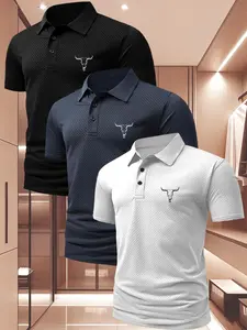 Men's Summer Plaid Short Sleeve Classic Polo Shirt Set, Fashionable Stretch Fabric, Graphic Cow Print Design, Casual Daily Wear, 3 Piece Pack