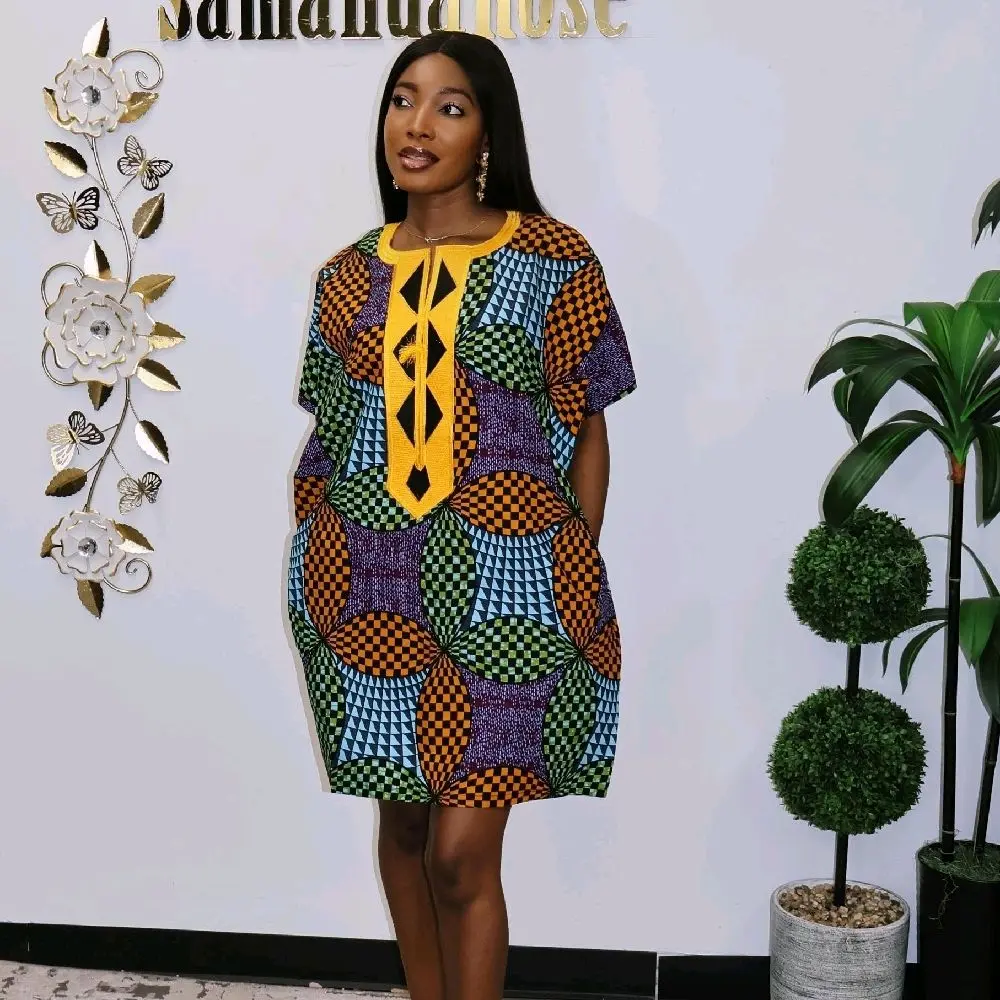 Embroidered African Dansiki Kaftan Dress: Ankara Wax Cotton Dansiki Women's Casual Short-Sleeve Breathable Cotton Relaxed-Fit Top for Daily Wear