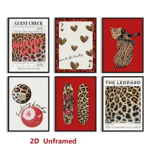 Set of 6, Red Leopard-Print Wall Art; Fashionable Leopard-Print Canvas Print; Lucky No. 8 Ball Wall Decoration; Preppy-Style Artwork; Trendy Leopard-Print Poster; Y2K-Style Dorm Art; Avant-Garde Bedroom Artwork; Frameless 2D Canvas Print