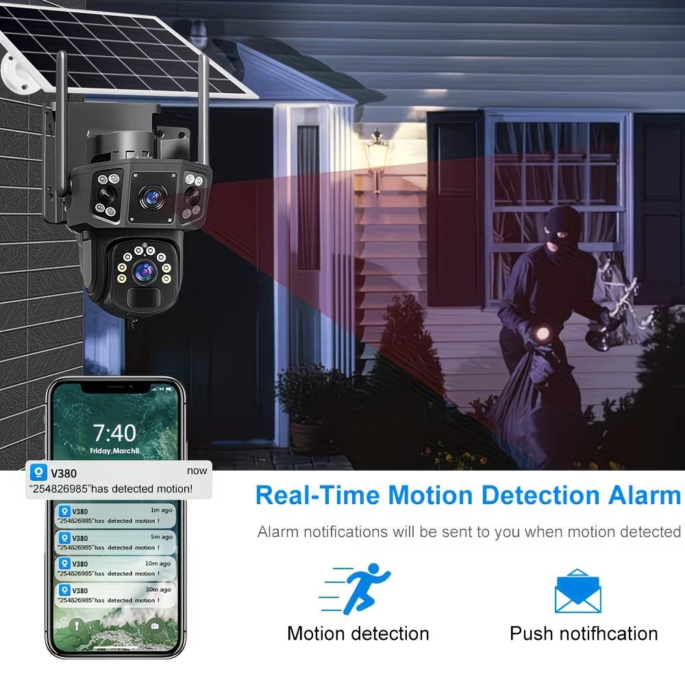 Solar-Powered Wireless Outdoor Security Camera with 4K HD Dual Lens, PIR Motion Sensor, Color Night Vision, Two-Way Audio, 355° Pan-Tilt, Battery & Solar Panel, Built-in, 64GB Storage Card – Wireless CCTV System Suitable for /Office/Driveway/Parking