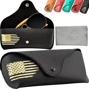 Leather Sunglasses Case with Snap Closure and Soft Lining – Protective Eyeglass Holder with Patriotic Flag Design – Fits Aviators, Readers, Blue Light Glasses – Durable Travel‑Ready PU Leather Case with Cleaning Cloth