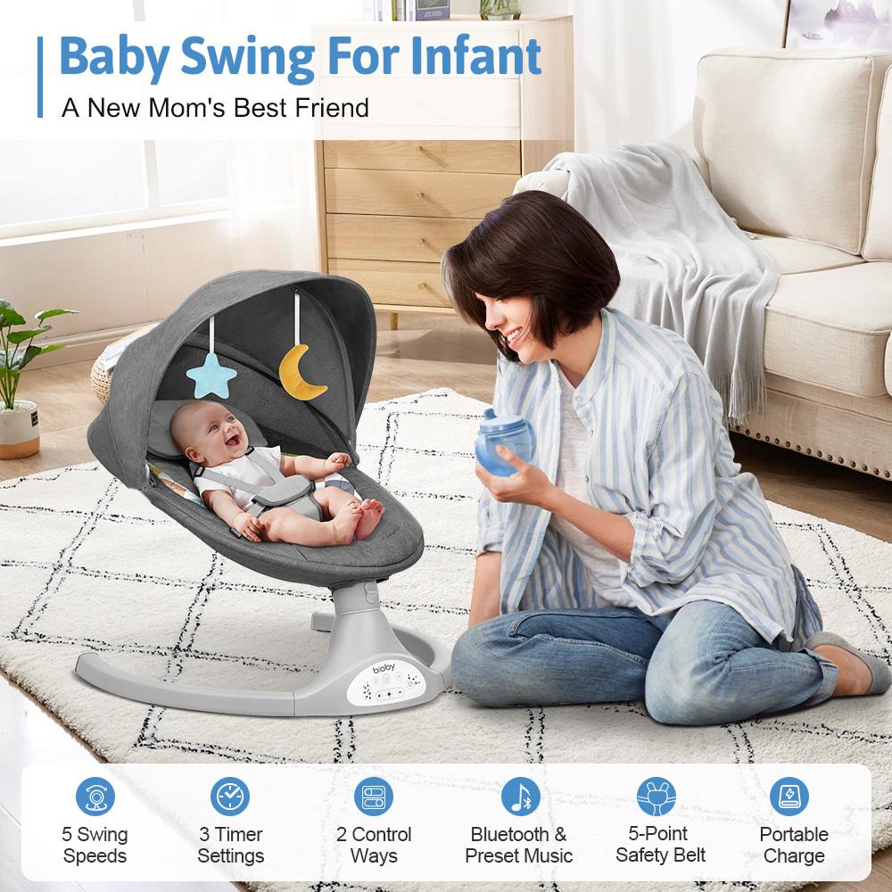 COMOMY Baby Swing for Infants with 5 Natural Sway Speeds, Portable Bt Music Baby Swing with Remote Control & 5-Point Harness, Hands-Free Baby Soother, Lightweight Baby Rocker for 5-20 Lb, 0-6 Months, Grey, Valentine's Day