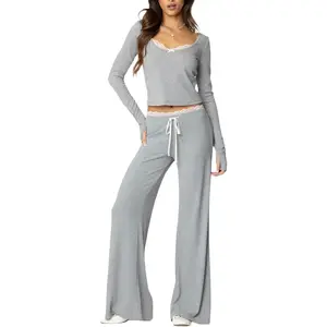 Women's 2 Piece Lounge Sets Fold-over Flare Pants Set， Long Sleeve Cropped Top Casual Outfits ，Women Fall Outfit Lace Trim Scoop Neck Crop T-shirt Drawstring 2 Pcs Set
