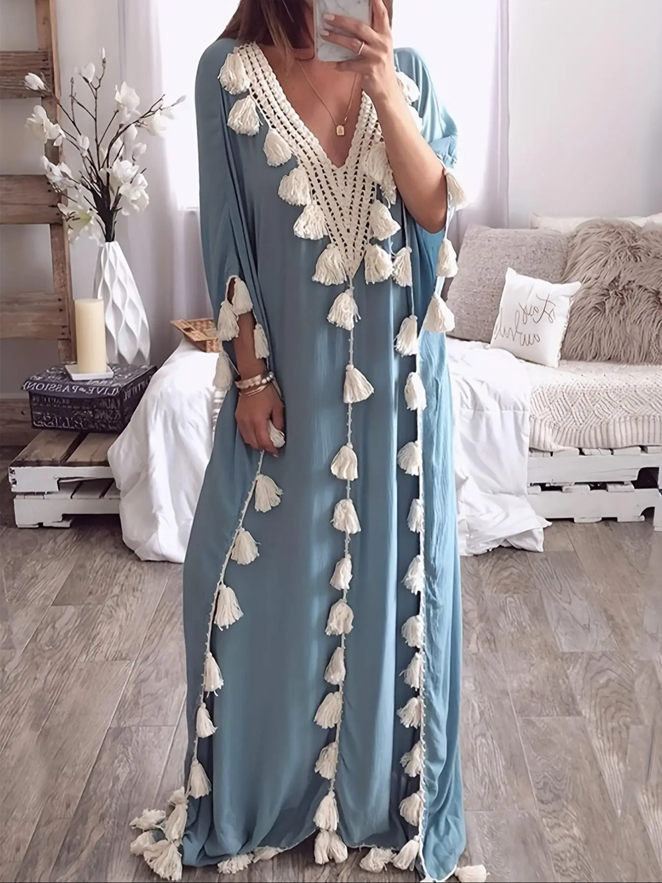 Women's Patchwork Fringe Trim Batwing Sleeve Arabian Robe Dress, Elegant V Neck Half Sleeve Long Dress for Daily Wear, Ladies Islamic Clothing for All