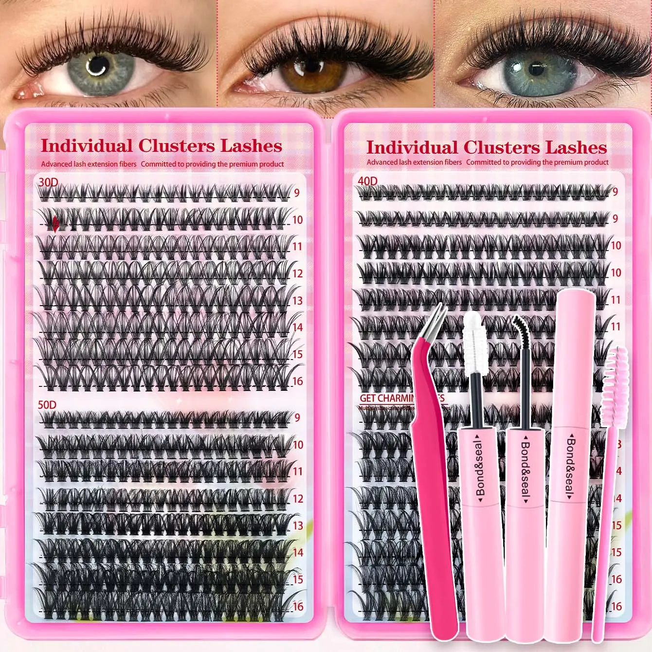 Sunflower Lightweight Cluster Lashes Kit with Gentle Glue & Tweezer - 30D,40D,50D Wispy Fluffy D Curl Mixed Styles (640pcs,9-16mm), Realistic DIY Eyelash Extensions Set for Beginners Makeup, Ideal Gift