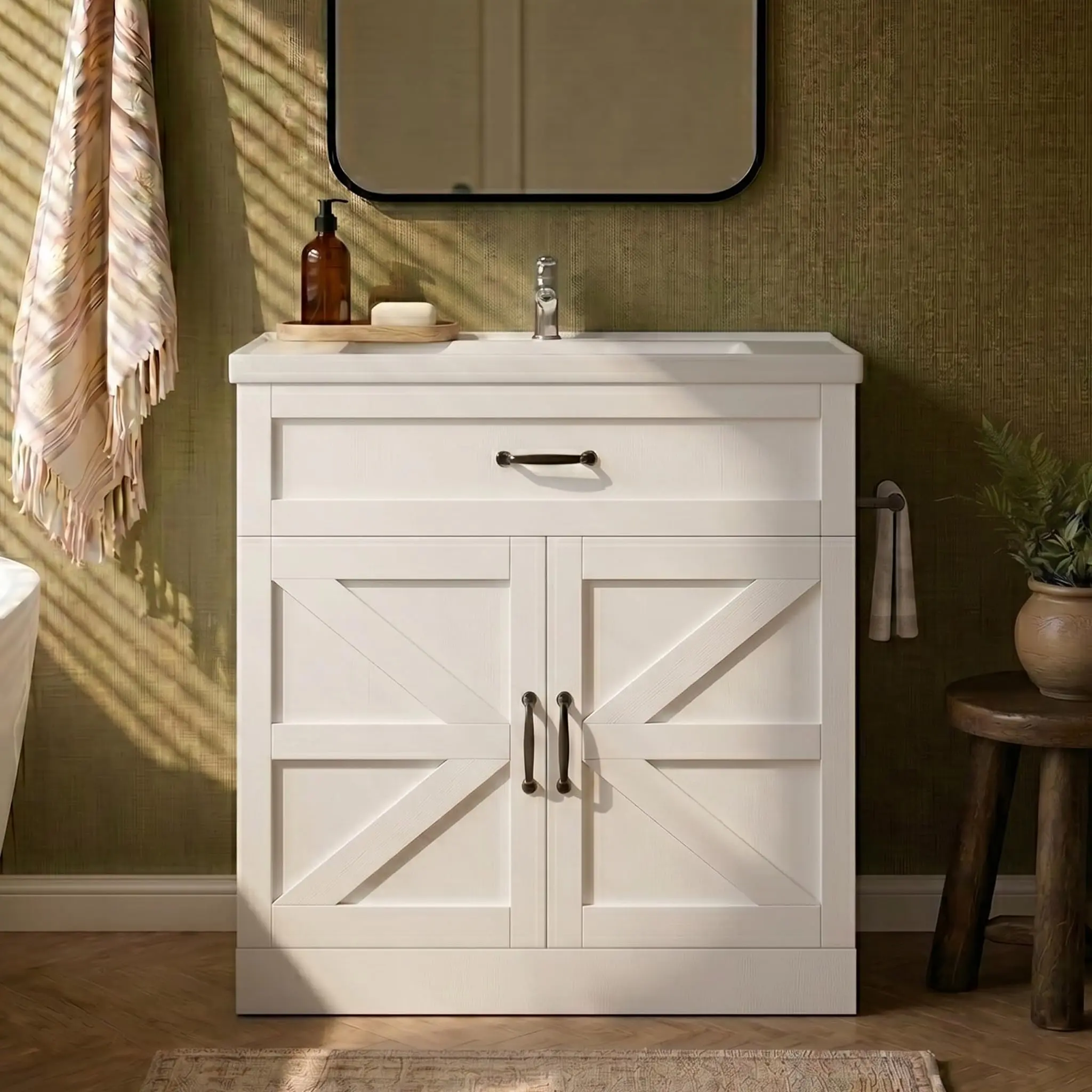 [Summerwins] HOMBCK 31" Farmhouse Bathroom Vanity with Sink, Bathroom Vanity Cabinet with Drawer & 2 Barn Doors, Metal Handles