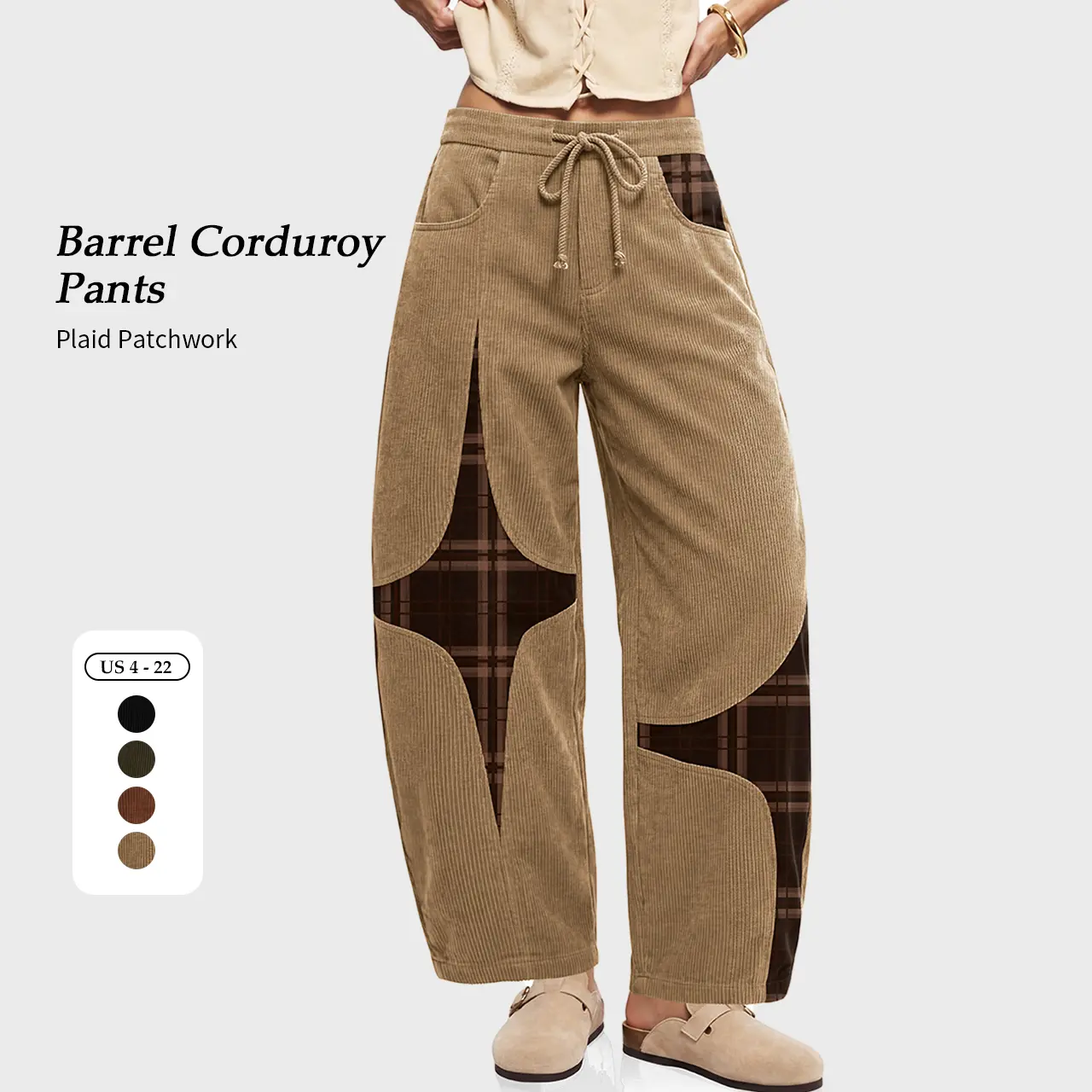 TARSE Women's Plaid Patchwork Corduroy Barrel Pants Wide Leg Harem Pants Casual Baggy Bottoms with Elastic Drawstring Waist and Pockets