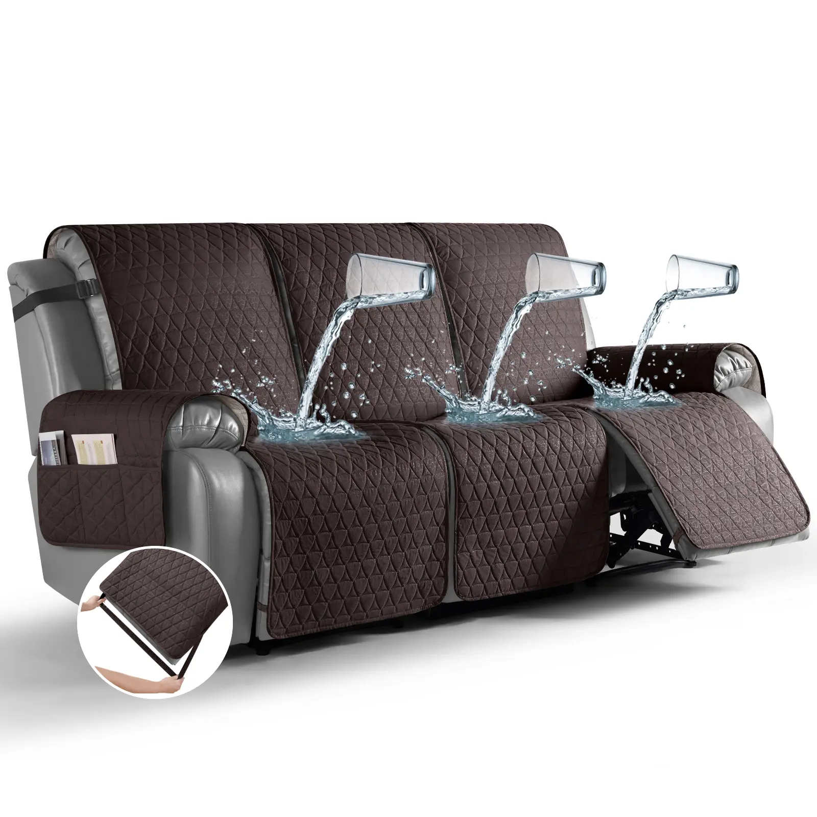3-Seater Recliner Couch Cover, 100% Waterproof Patented Slipcover with Elastic Straps