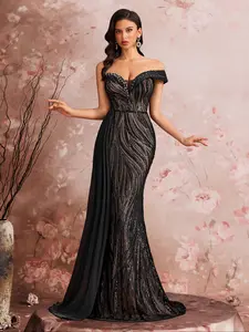 Women's Luxury Beaded Off-Shoulder Fitted Evening Gown, Formal Wear, Long Dress, Wedding Guest Ribbon, Decorative Mermaid Skirt, Elegant Vintage Style