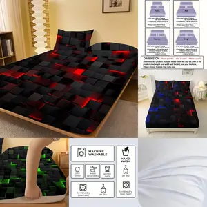 Cyber Black & Red Fitted Sheet Set, Complete Sheet Set, 2D geometric texture, soft and smooth against the skin, breathable and sweat-wicking, elastic hem for a secure fit, machine-washable, durable and fade-resistant – bedroom vibe enhancer (pill