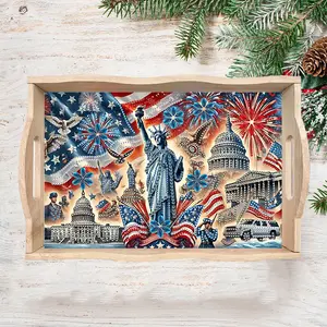 DIY Diamond Art Tray Set, Lady Liberty Pattern, Wooden Decorative Serving Tray, Food Drink Holder, Picnic Essential, Gift for Family Friends Colleagues