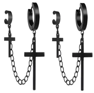 16PCS Punk Y2K Style Black Stainless Steel Earrings Set, Chain Skull Dangle Hoops, Unisex Fashion Costume Jewelry for Men and Women