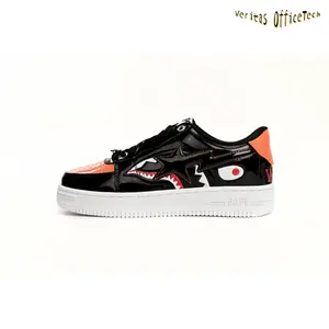 Black Orange Glossy Patent Leather Low Top Star & Shark Graphic Skate Sneakers Two Tone Printed Streetwear Trainers for Urban Daily Outfits