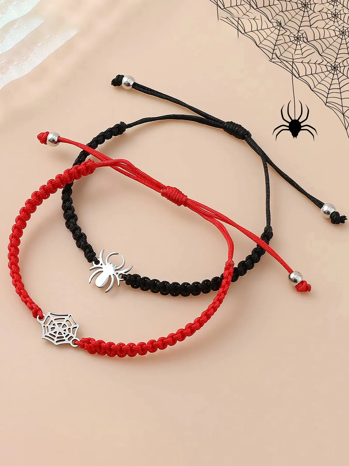 Spider-Man Couple Bracelet Set, Stacked bracelets, red & black handmade braided bracelets with spiderweb charms, adjustable unisex fit, friendship bracelets, Halloween accessories, Valentine gifts, superhero jewelry for couples & best friends