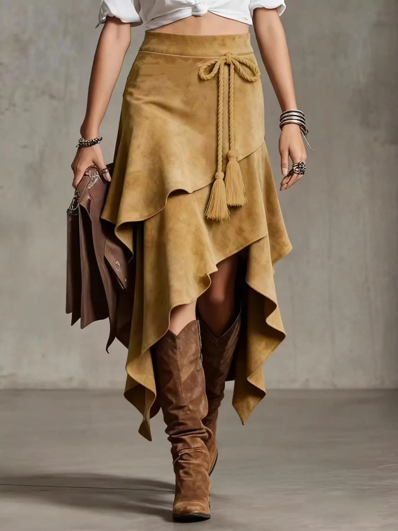 Vintage Western Style Irregular Design Bohemian Fringe Tie Knot Aesthetic Fashionable Skirt for Women, Bottoms Solid Color Long Hem, Slim Fit Boho Fashion for Spring & Fall, Womenswear