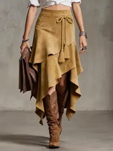 Vintage Western Style Irregular Design Fringe Skirt, Bottoms Solid Color Long Hem, Slim Fit Boho Fashion for Spring & Fall