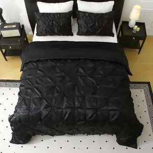 Satin Comforter Set Queen Size, 3-Piece Black Pinch Pleat Bedding Sets, Comforter, Pillowcases, Offering Exceptionally Soft and Smooth Comfort for All Seas