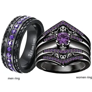 2 Black Rings His And Hers Ring Couple Rings Purple Cz 3pcs Womens Wedding Ring Sets Titanium Steel Mens Wedding Bands
