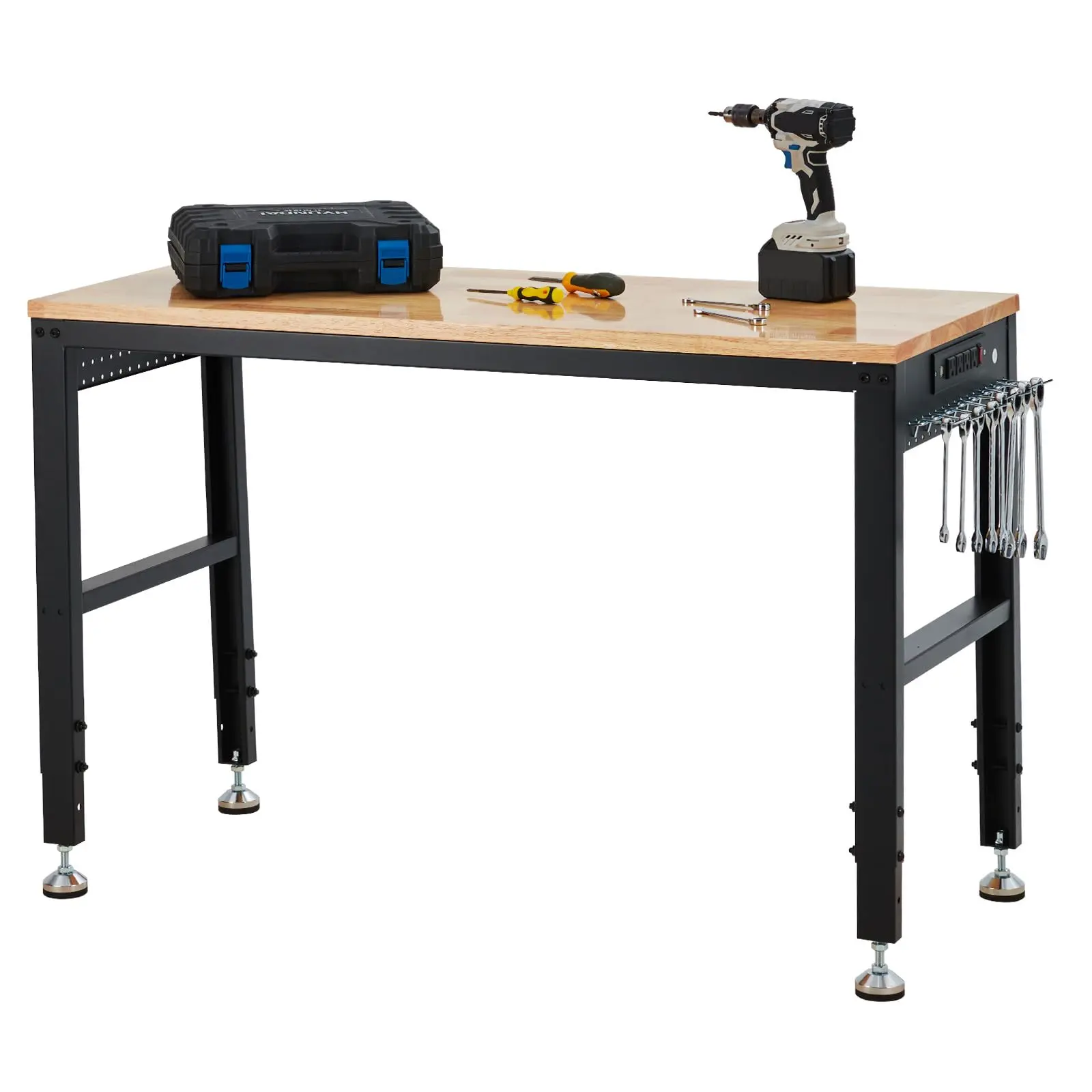 GARVEE Heavy-Duty Metal & Wood Adjustable Workbench (60''x20''), 2000 lbs Load Capacity, 29.5"-38.4" Height Adjustment, 35 Hooks, 63.9 lbs, ETL-Certified Power Outlet, Assembly Required, Ideal for Garage & Workshop, 60'' X 20''