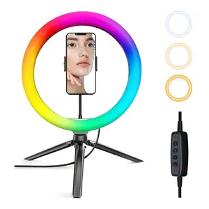 Ring Light with Tripod Stand & Phone Holder, 10 inch LED Ring Light with 12 RGB Modes & 10 Brightness Level,Selfie Ring Lights for Makeup, Tiktok, YouTube, Zoom