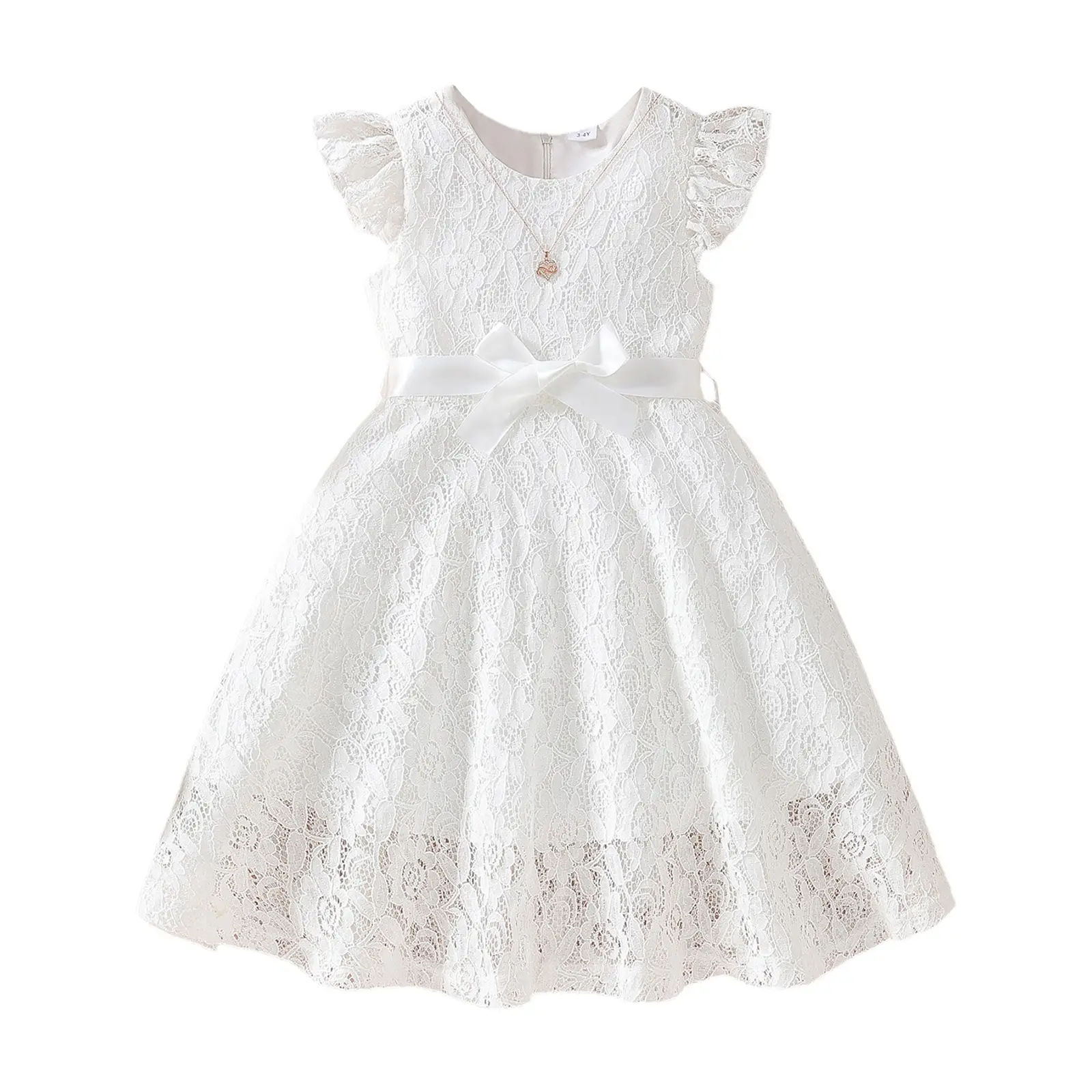 Girls' Mid-Length Lacy Boho A-Line Formal Lace Dress, Round Neck, Fly Sleeves, Belt Included, Summer Wedding Party Wear for Ages 3-10, White, Summervibes, Casual Dresses, 1X Dress With Belt