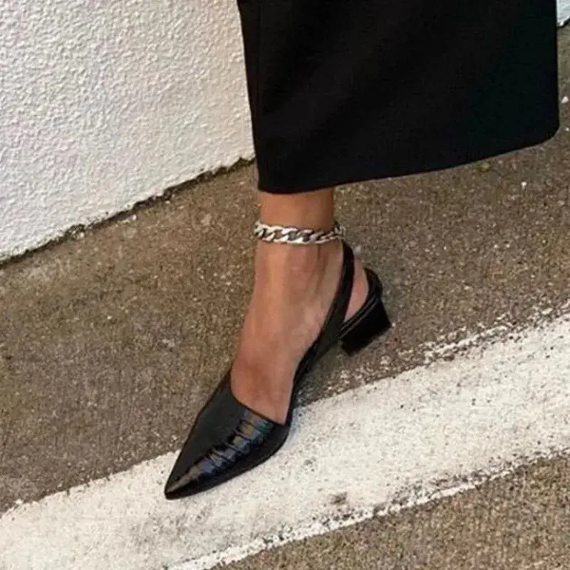 Women's Vintage Pointed-Toe Synthetic Sandals - Buckle Strap Slingback, Shallow Square Heel, PU Upper, Rubber Sole, EVA Platform, Leisure Office Wear Summer Footwear
