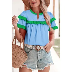 Mist Blue Ruffle Trim Blouse