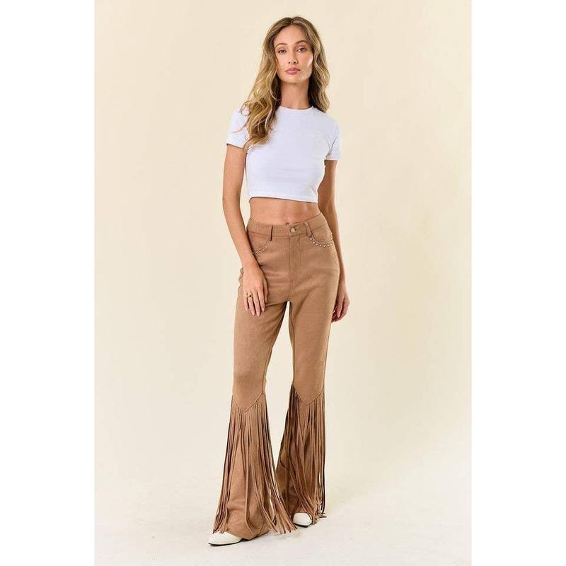 TAN STUDDED FRINGED FAUX SUEDE PANTS - $66.00