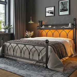 54" LED  Frame  Charging Station And Tall Headboard Metal Platform   Under  Storage Noise-Free,Black Vanity Desk with bed Cloud Nightstand Twin Size Gingham Daybed Trundle
