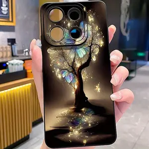 Black, glowing butterfly and tree pattern, drop-proof and non-slip TPU full-coverage lens phone case, compatible with iPhone 17, 16, 15, 14, 13, 12, 11, XS, X, Samsung and other models. Makes a great gift for friends or family.