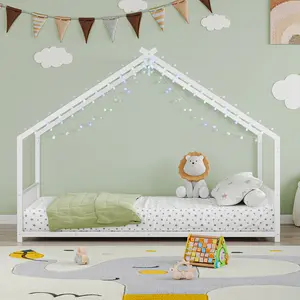 Twin size children's bed frame with LED light strips, roof-shaped iron frame bed, 78.5" L x 40.9" W x 58.4" H.