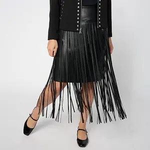 Colleen Lopez Faux Leather Midi Skirt with Fringe