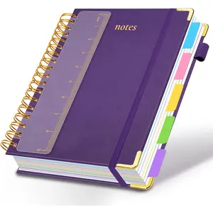 Hardcover Spiral 8"x10" Journal Notebook with Tabs and Removable Dividers 300 Pages 5 Subject College Ruled Faux Leather Spiral Bound Notebook for Women School Work (Purple)