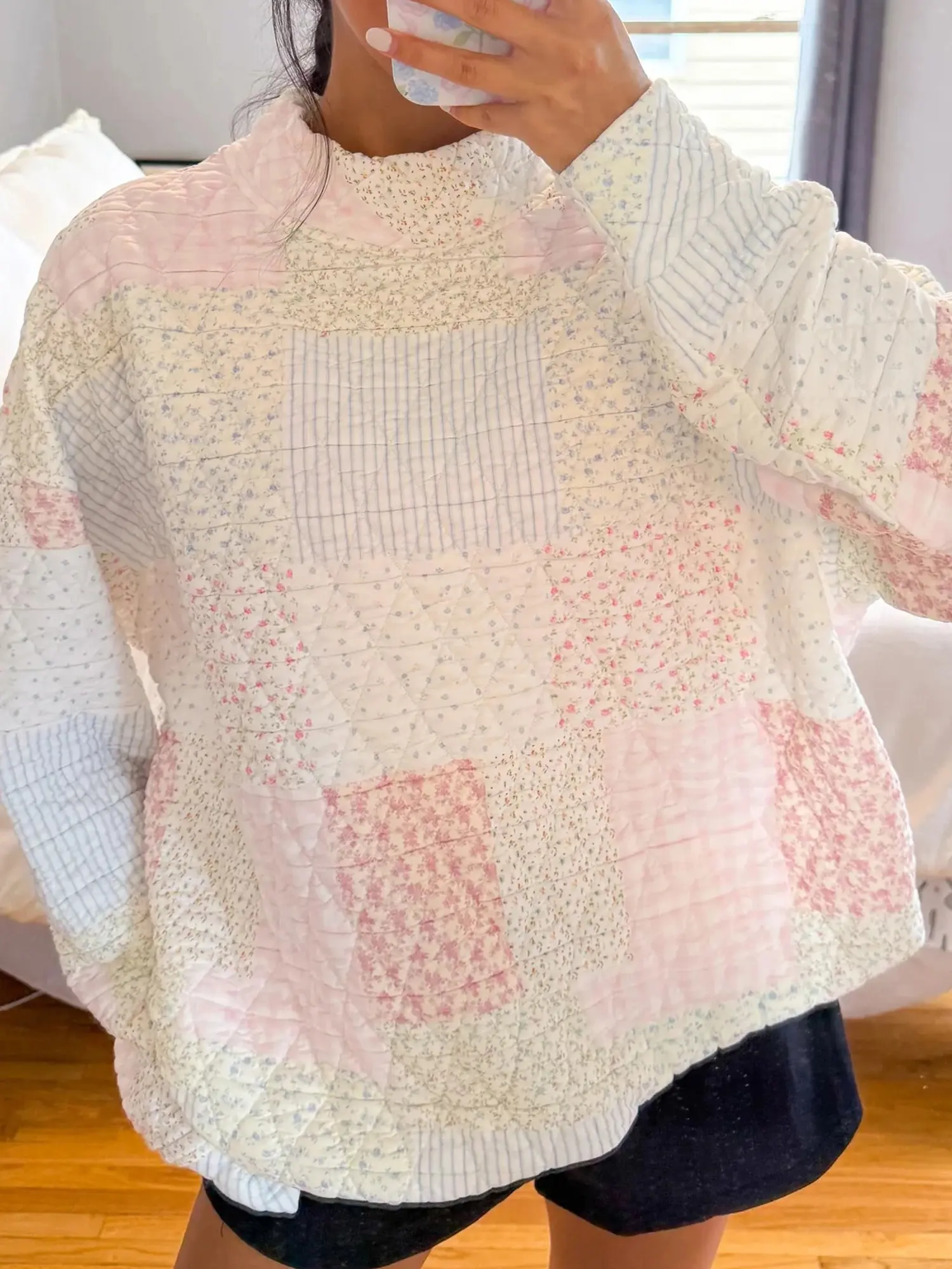Women's High Neck Floral Patchwork Quilted Striped Knitwear Pullover Top - Long Sleeve Loose Fit, Soft Fabric, Cozy Warmth, Vintage-Inspired Casual Sweatshirt for Fall Winter Everyday Wear