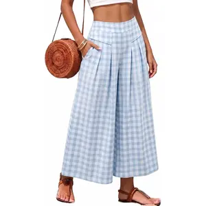 Womens Summer Gingham Plaid Culottes Pants Elastic Waist Wide Leg Capri Pants Palazzo Trousers with Pockets