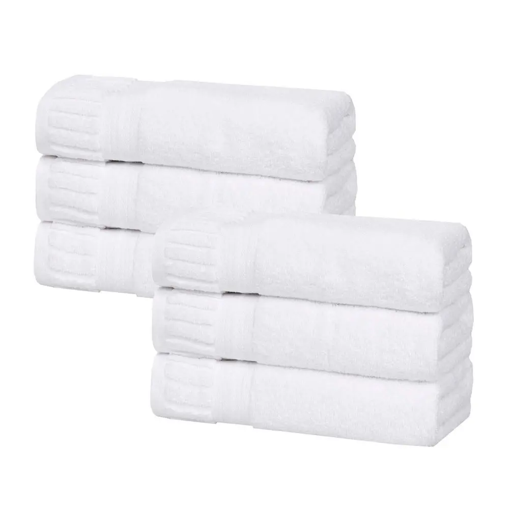 Ribbed Textured Border Zero Twist Cotton Medium Weight Absorbent Hand Towels Set of 6 White - Blue Nile Mills