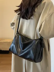 Ladies' Crossbody Shoulder Bag, Pu Leather Bag, Fashionable Simple Casual Retro Design, Solid Color Handbag for Daily Commuting Shopping Versatile Use