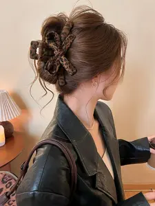 New Vintage Leopard Print Fabric Bow Hair Clip, Large 13cm Women's Back Headband, Fashionable Hair Claw Shark Clips for Autumn Winter