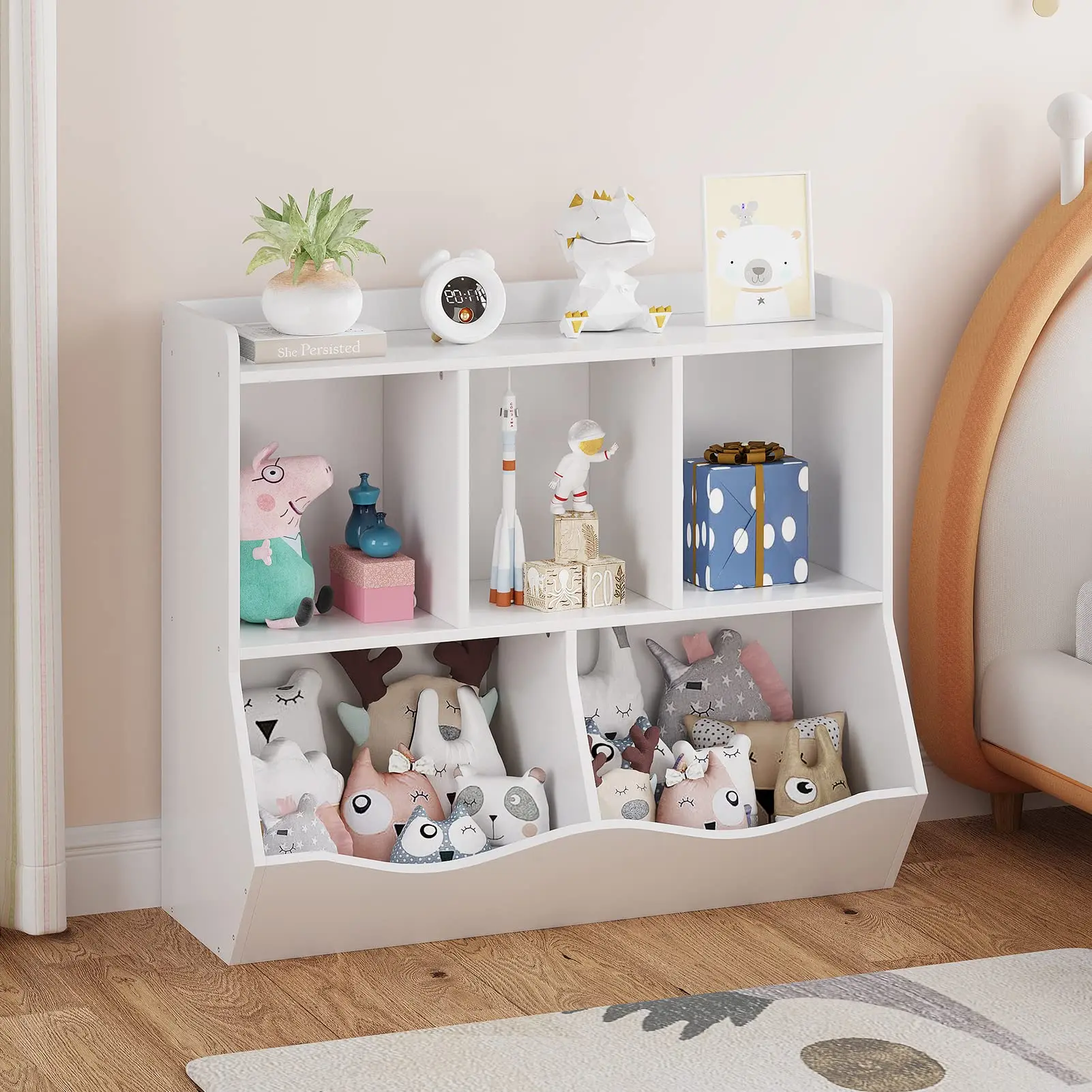 Toy Organizers and Storage - 5-Cube Bookshelf and Toy Storage Cabinet for Toddlers, 2-Tier Book Shelf for Playroom, Bedroom, Living Room white