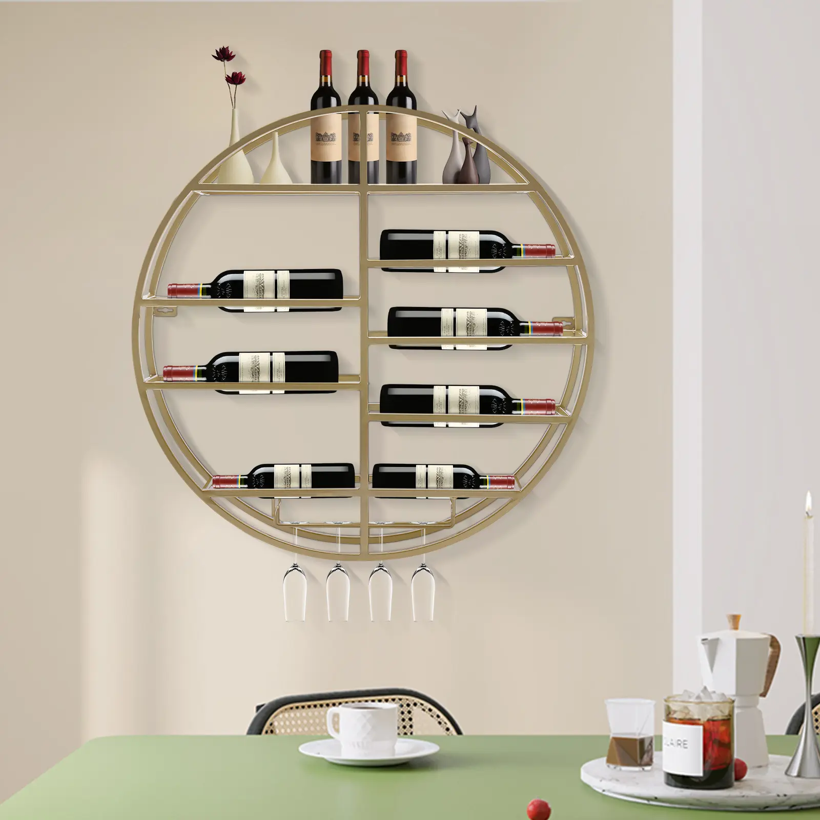 Contemporary Fadesafe Gold Coat Wall-Hanging Wine Rack - Sturdy Iron Frame Home Organizer, 3kg Capacity Double Storage Space-Saver with 4 Glass Holders, Ready to Hang for Wine Enthusiasts (Living Room, Dining Room)