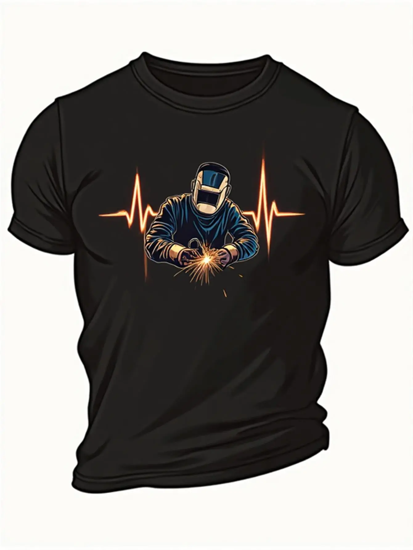 MenS Welder Graphic T-Shirt - Industrial Welding Sparks & Heartbeat Line Design - Heavy-Duty Workwear Tee - All-Season Casual Shirt for Welders, Construction Workers, Metalworkers - Halloween Costume Apparel - Ideal Gift for Welding Professionals