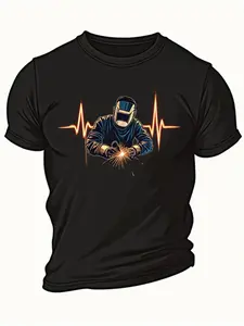 MenS Welder Graphic T-Shirt - Industrial Welding Sparks & Heartbeat Line Design - Heavy-Duty Workwear Tee - All-Season Casual Shirt for Welders, Construction Workers, Metalworkers - Halloween Costume Apparel - Ideal Gift for Welding Professionals