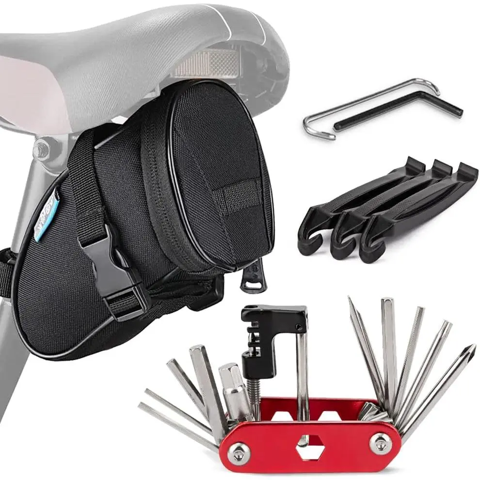 14-in-1 Bike Repair Multitool Kit with 4x3.2x5in 600D Polyester Aerodynamic Wedge Saddle Bag, Allen Wrench, Chain Tool, Adjustable Straps, Auxiliary Mesh Pocket for Road & Mountain Bicycles (Bike Tools & Equipment)