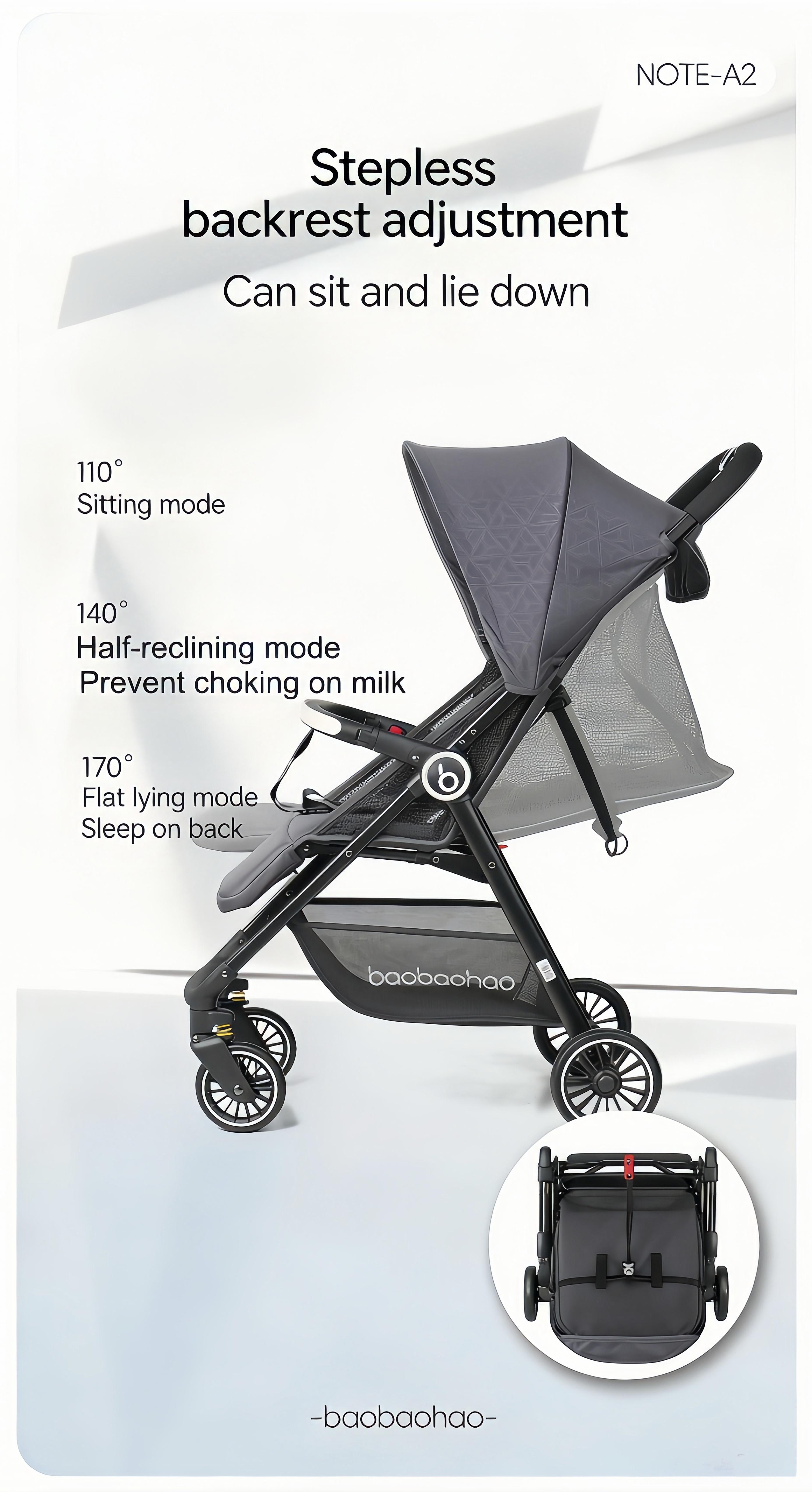 BAOBAOHAO A2-Baby Pushcart Sit or Recline, Lightweight and Foldable, Portable Umbrella Stroller, Suitable for Newborns, High-view Stroller, One-touch Folding, Four-wheel Suspension, Breathable Mesh Fabric for Summer, Airline-approved